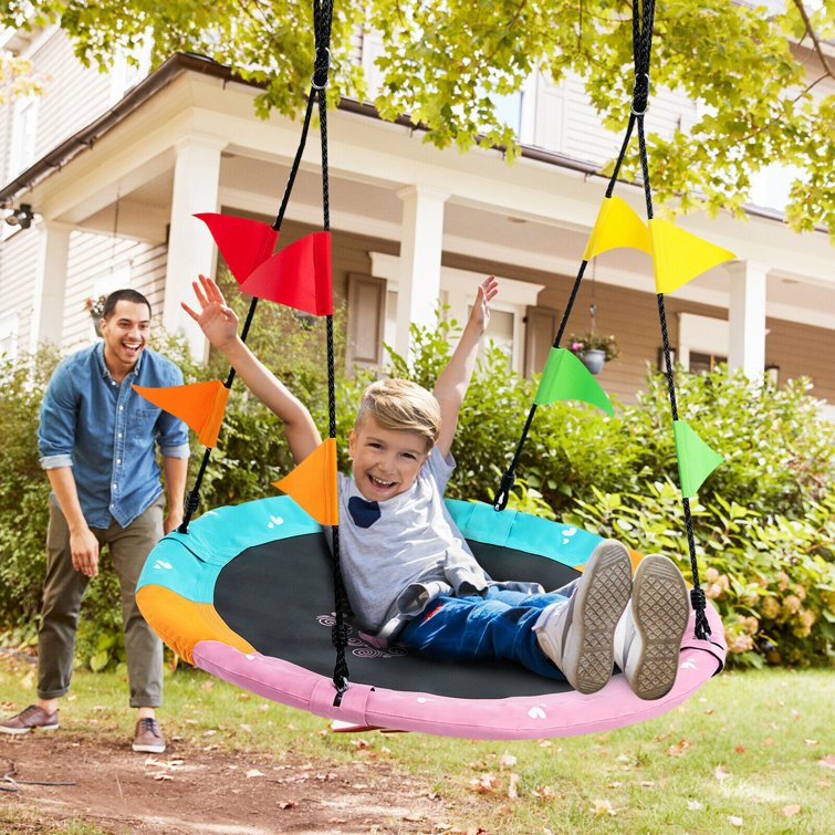 Gymax Teal Pink Orange Web Saucer Swing Swing Seat with Chains